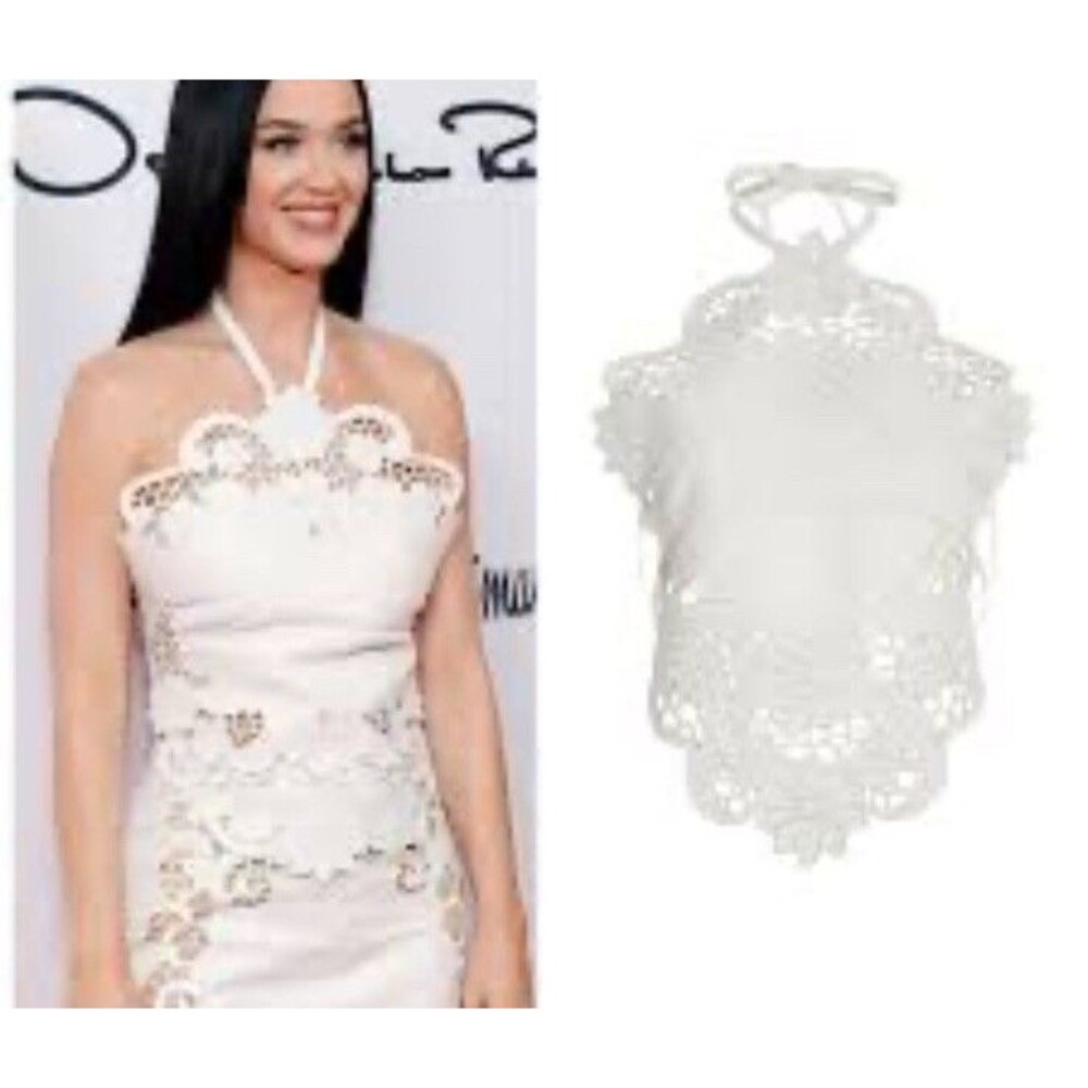$3000 NEW Oscar‎ de la Renta Leather Laser Cut Top Katy Perry White 2 4 6 Halter